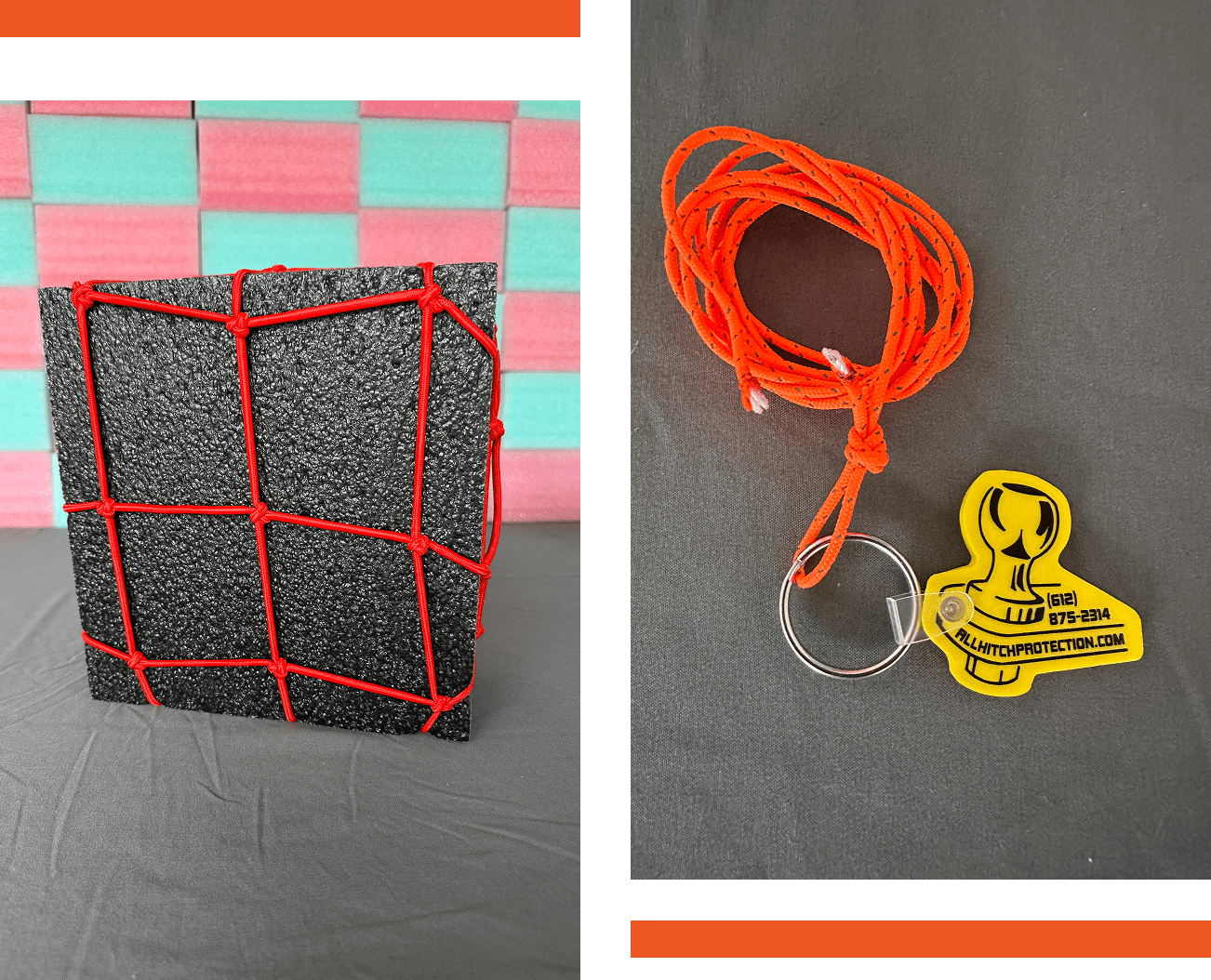 A handmade gray sock with red yarn and an orange string with a tag.