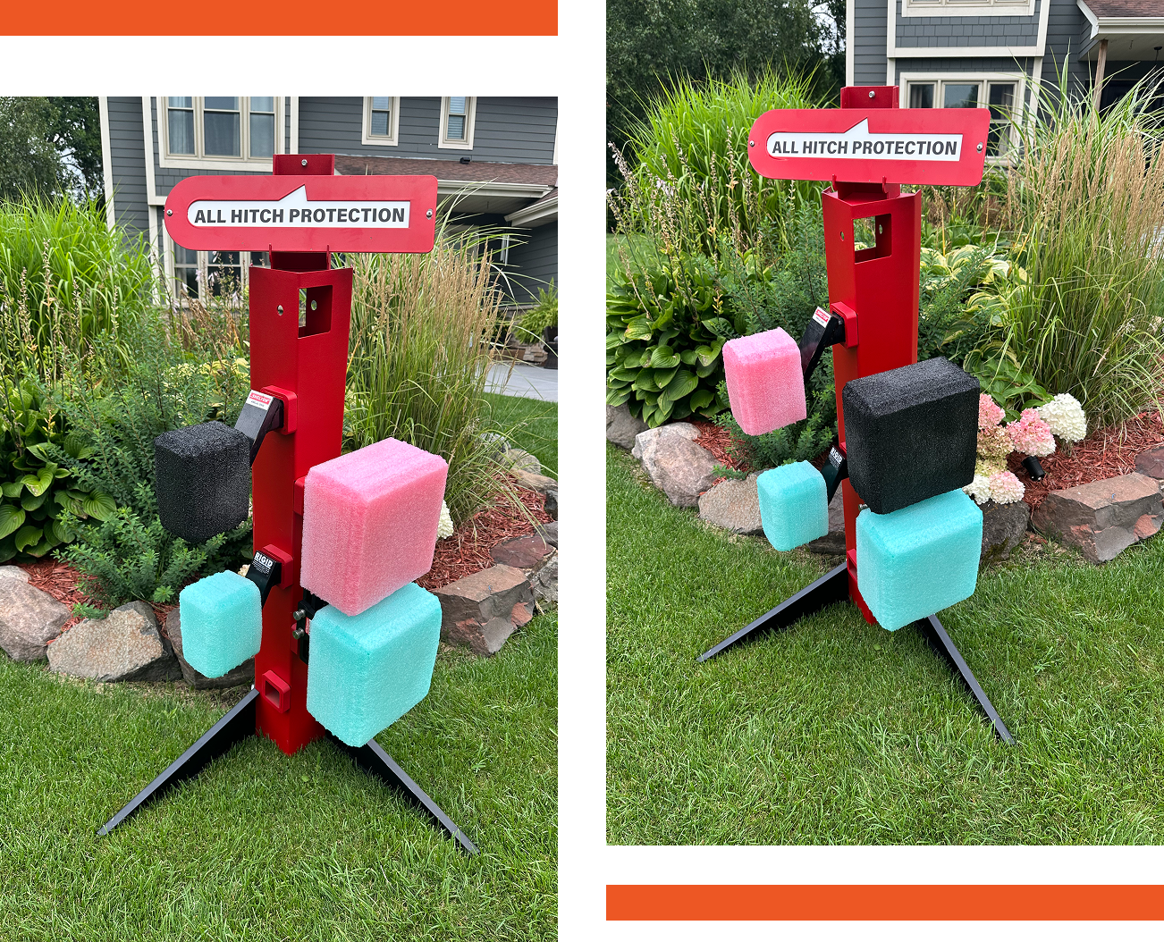 Colorful punching bag with protective gloves set up outdoors on grass.
