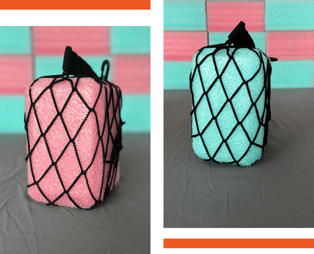 Two colorful lunch bags with black netting on a gray surface.