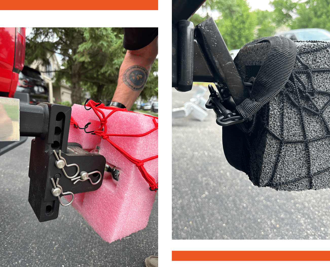 Close-up of a pink package secured with a lock and chain on a bike.