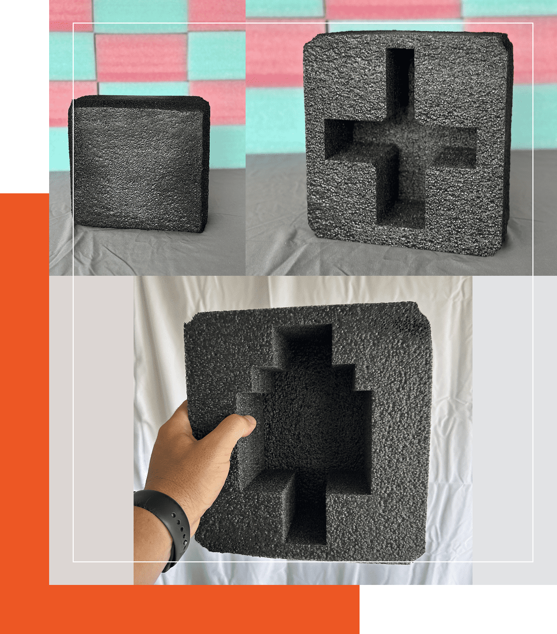 Hand holding a gray foam piece with a cross-shaped cutout.