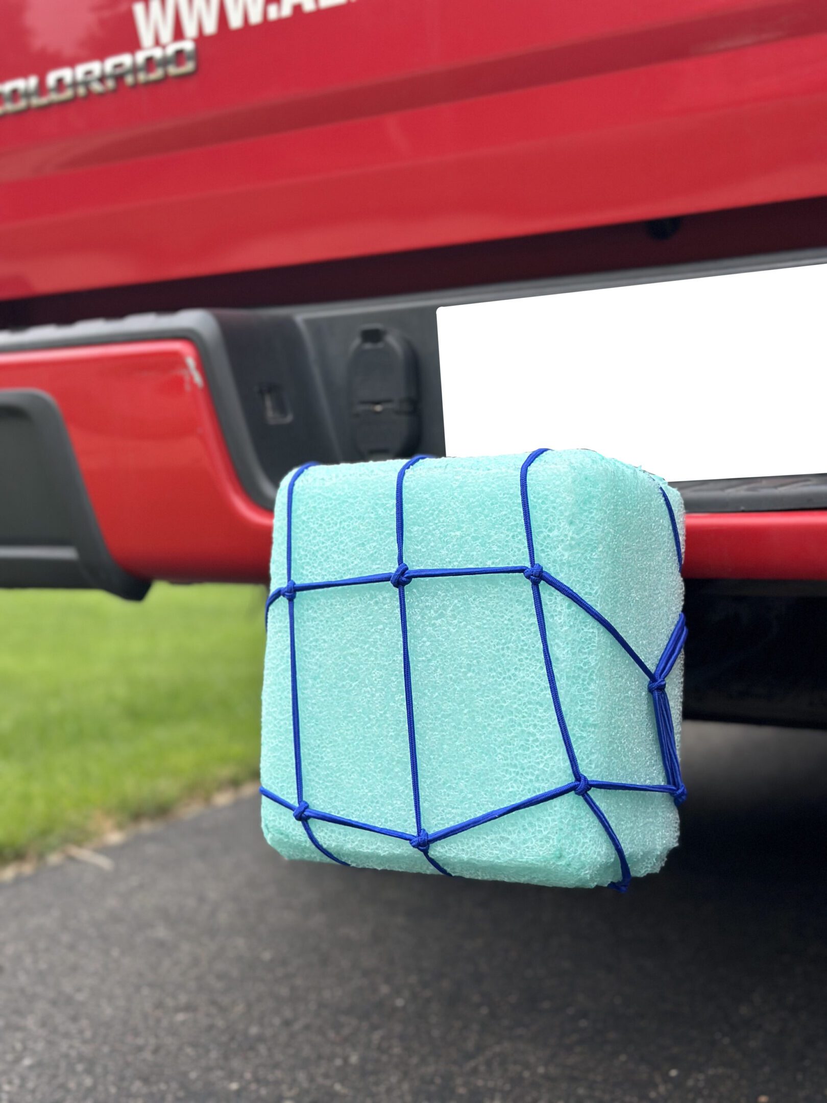 Blue netted foam block hanging from a red car trunk.