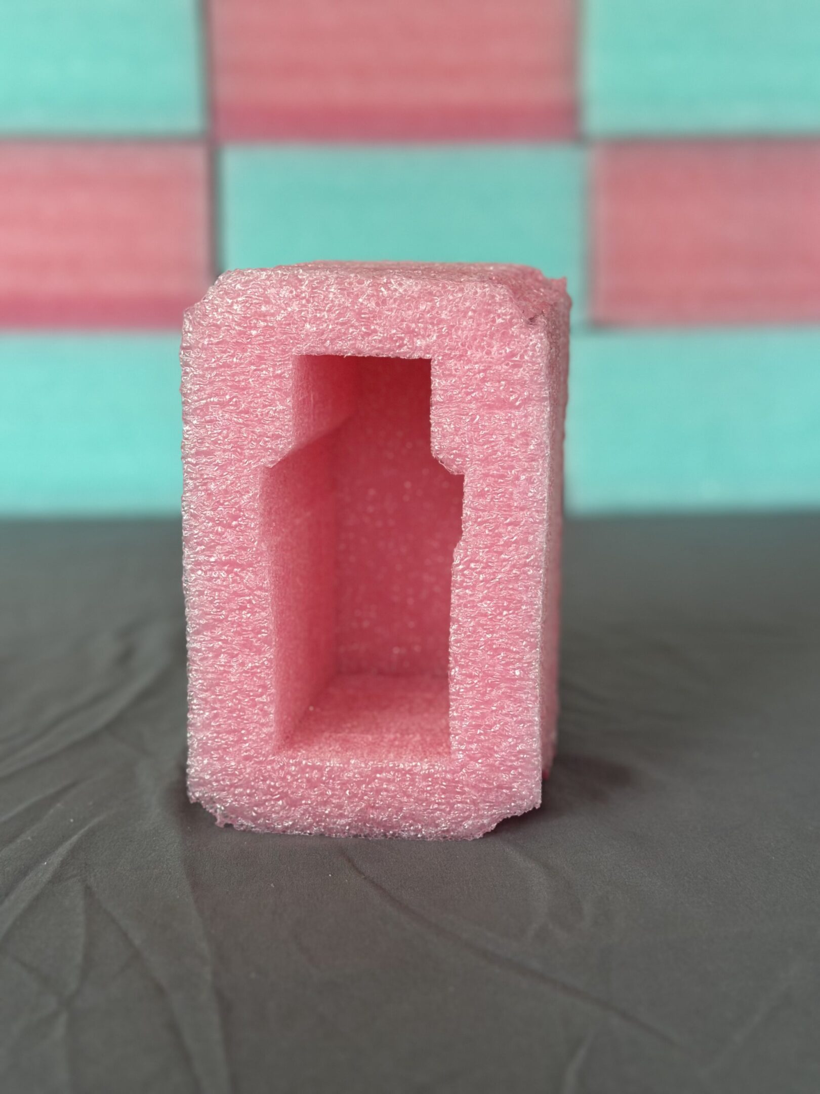 Pink foam packaging with a hollowed-out compartment.
