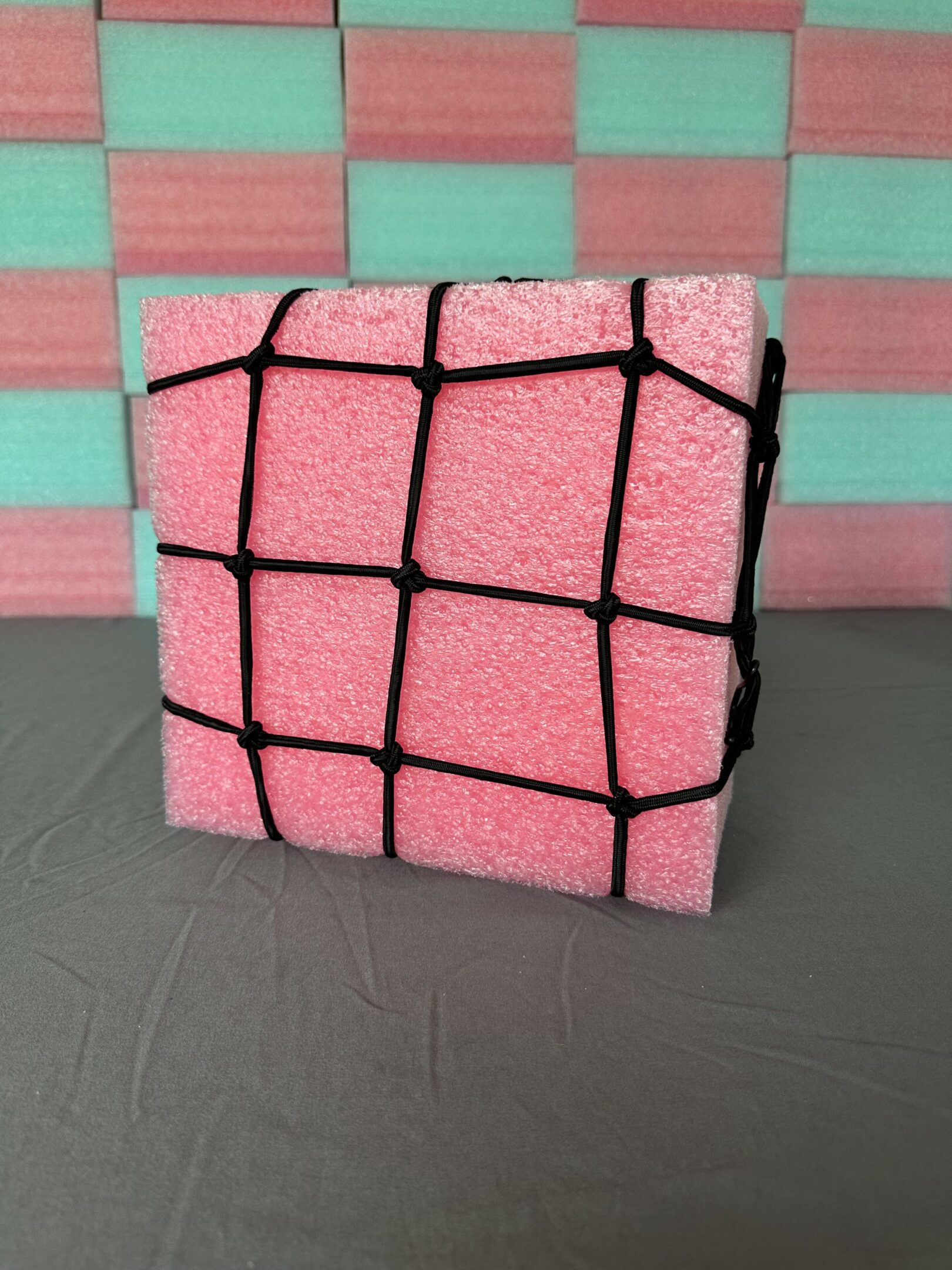 A pink sponge wrapped in a black net.